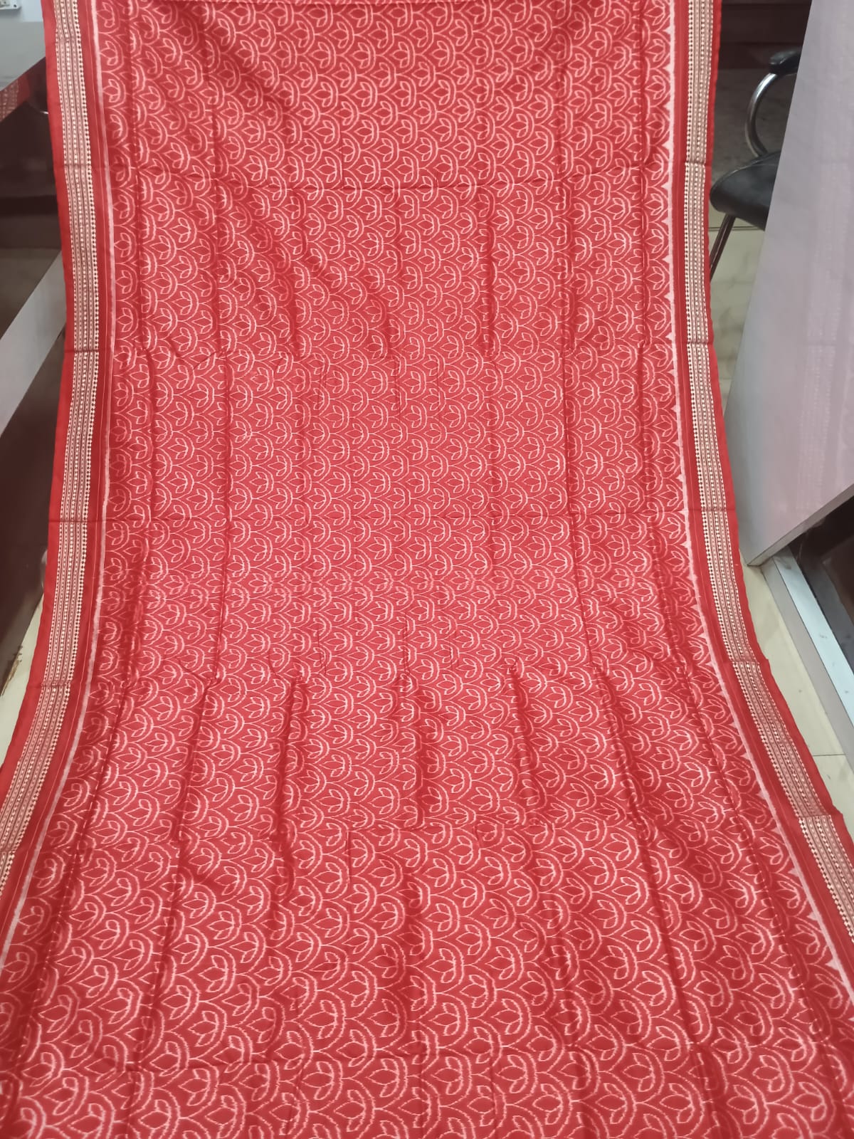 Vermilion Red & Ivory Handwoven Sambalpuri Silk Saree with All-Over Conch Shell Patterns and Jhoti Pallu
