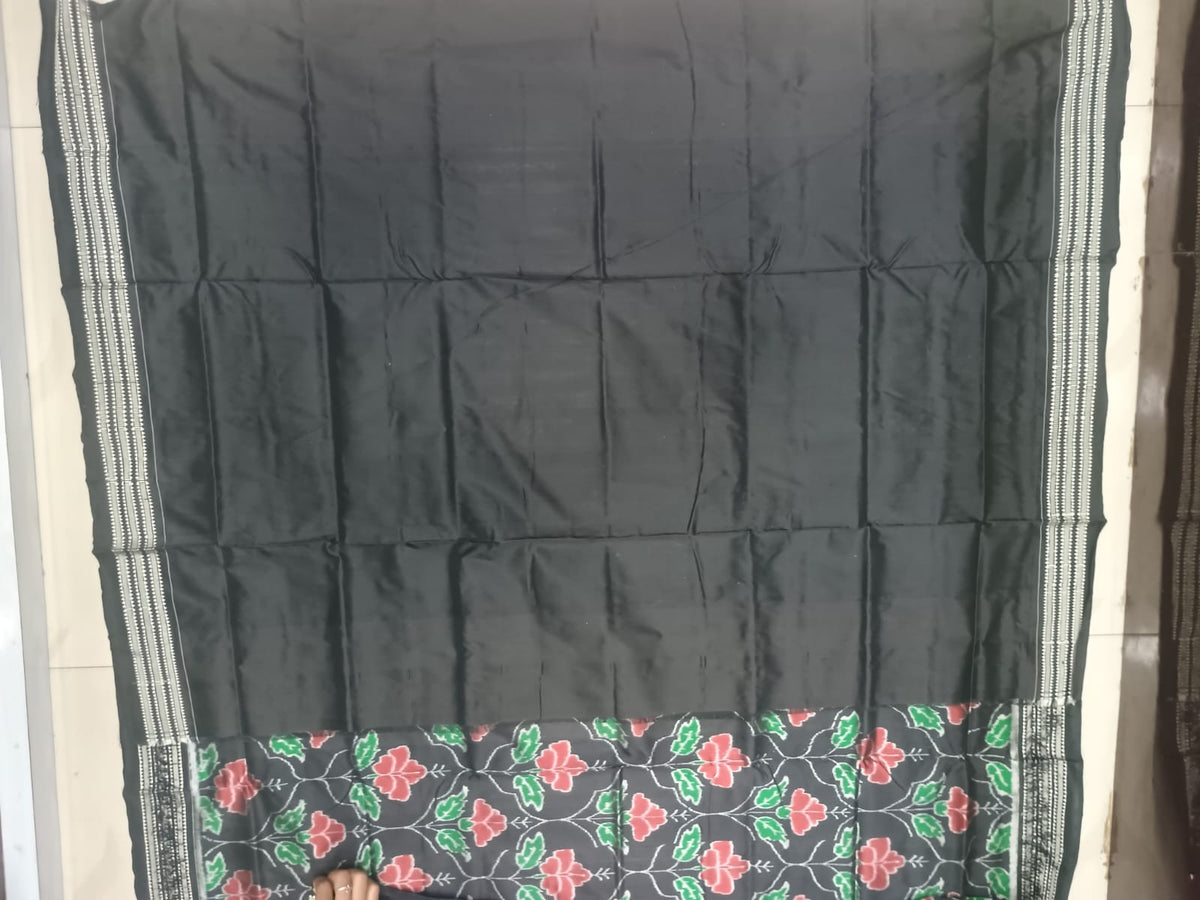 Midnight Black Handwoven Sambalpuri Silk Saree with Vibrant Red and Green Floral Vani Motifs