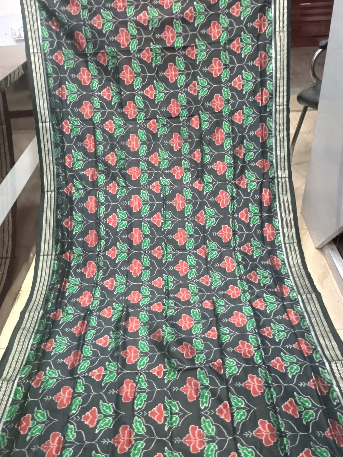 Midnight Black Handwoven Sambalpuri Silk Saree with Vibrant Red and Green Floral Vani Motifs