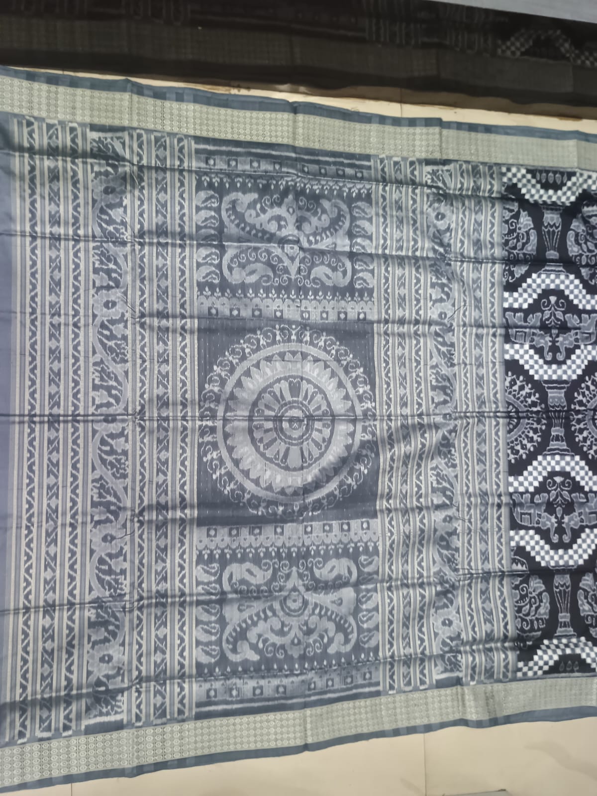 Charcoal Black & Slate Grey Handwoven Sambalpuri Silk Saree with Elephant and Tree of Life Motifs