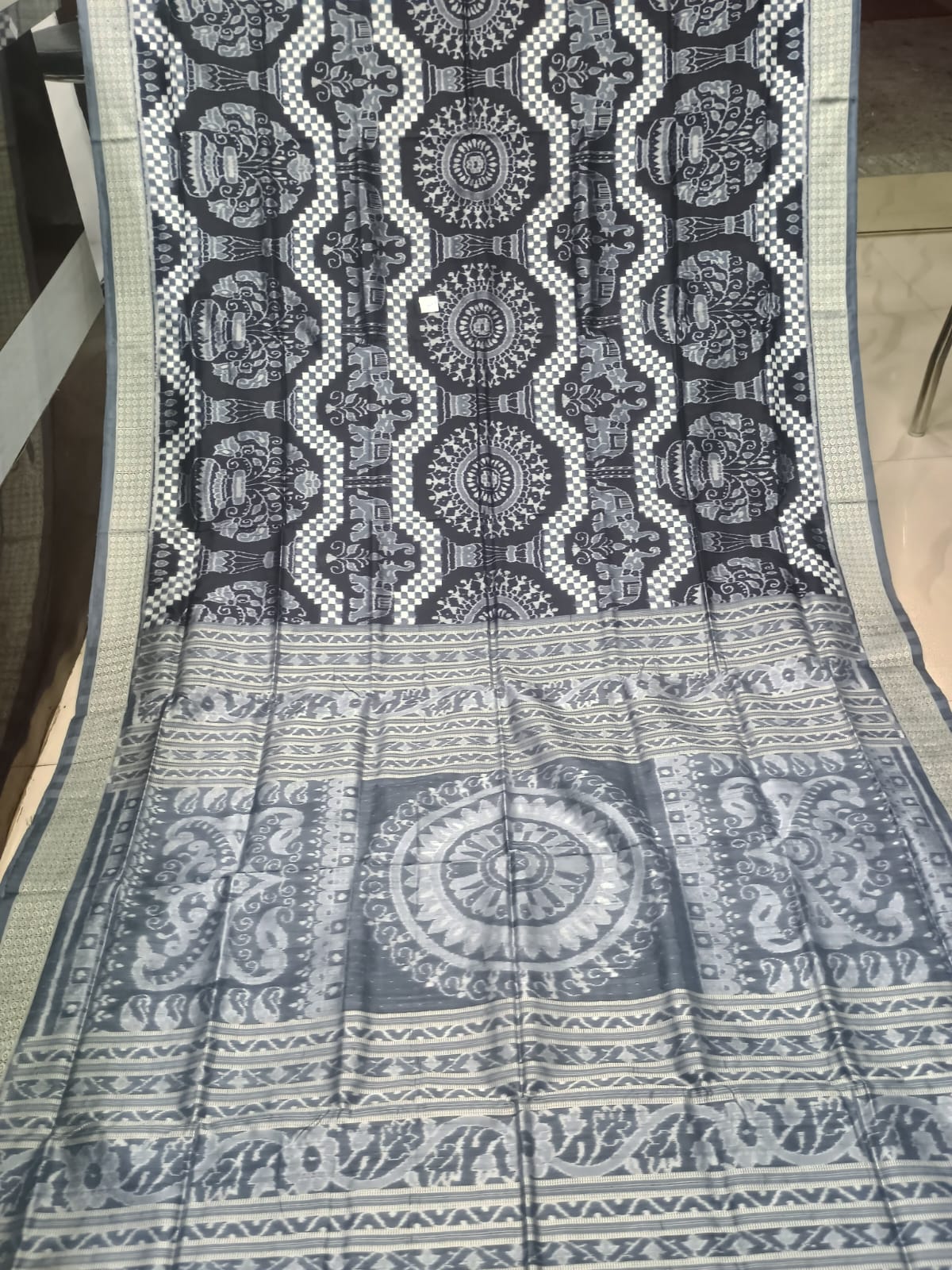 Charcoal Black & Slate Grey Handwoven Sambalpuri Silk Saree with Elephant and Tree of Life Motifs