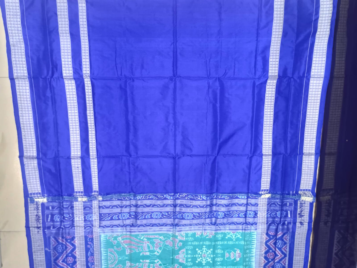 Sea Green & Royal Blue Handwoven Sambalpuri Silk Saree with Tribal Dancing Figures and Mandala Pallu