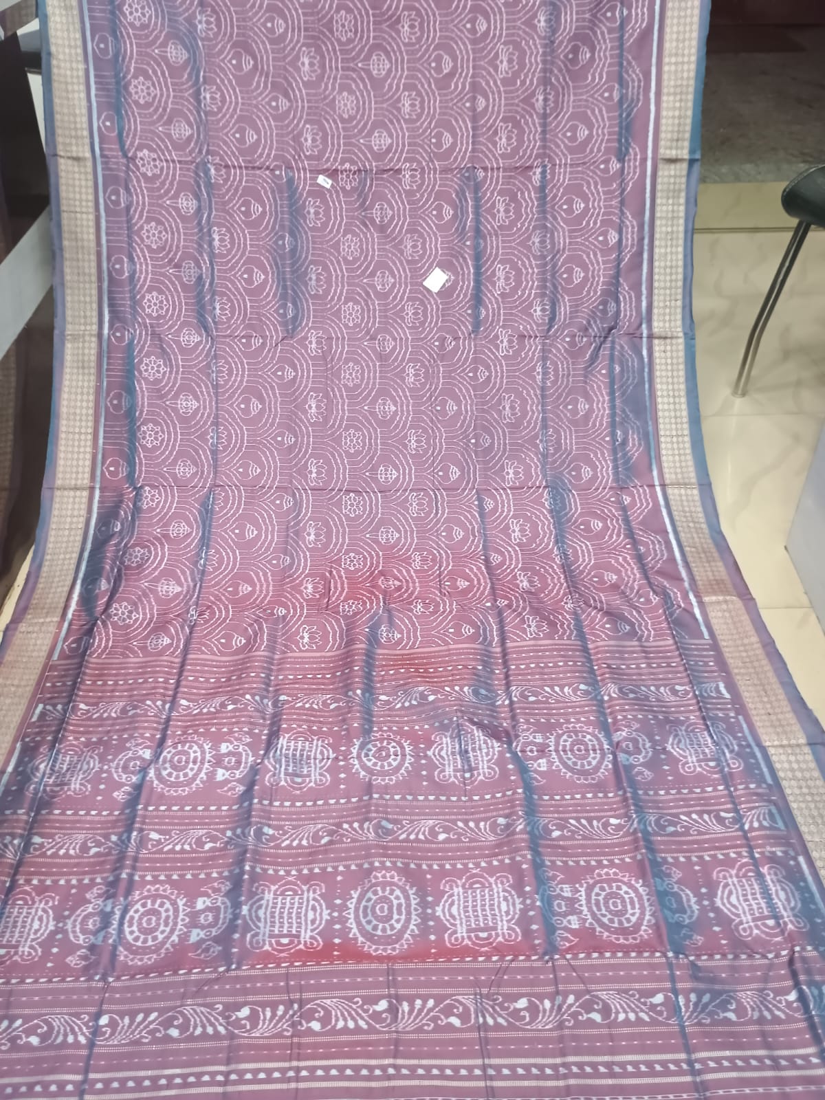 Onionskin Mauve & Steel Blue Handwoven Sambalpuri Silk Saree with All-Over Scalloped Waves