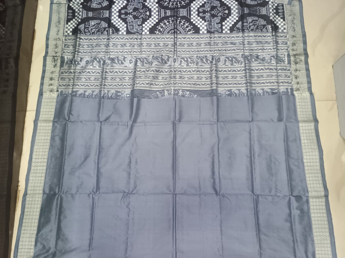 Charcoal Black & Slate Grey Handwoven Sambalpuri Silk Saree with Elephant and Tree of Life Motifs