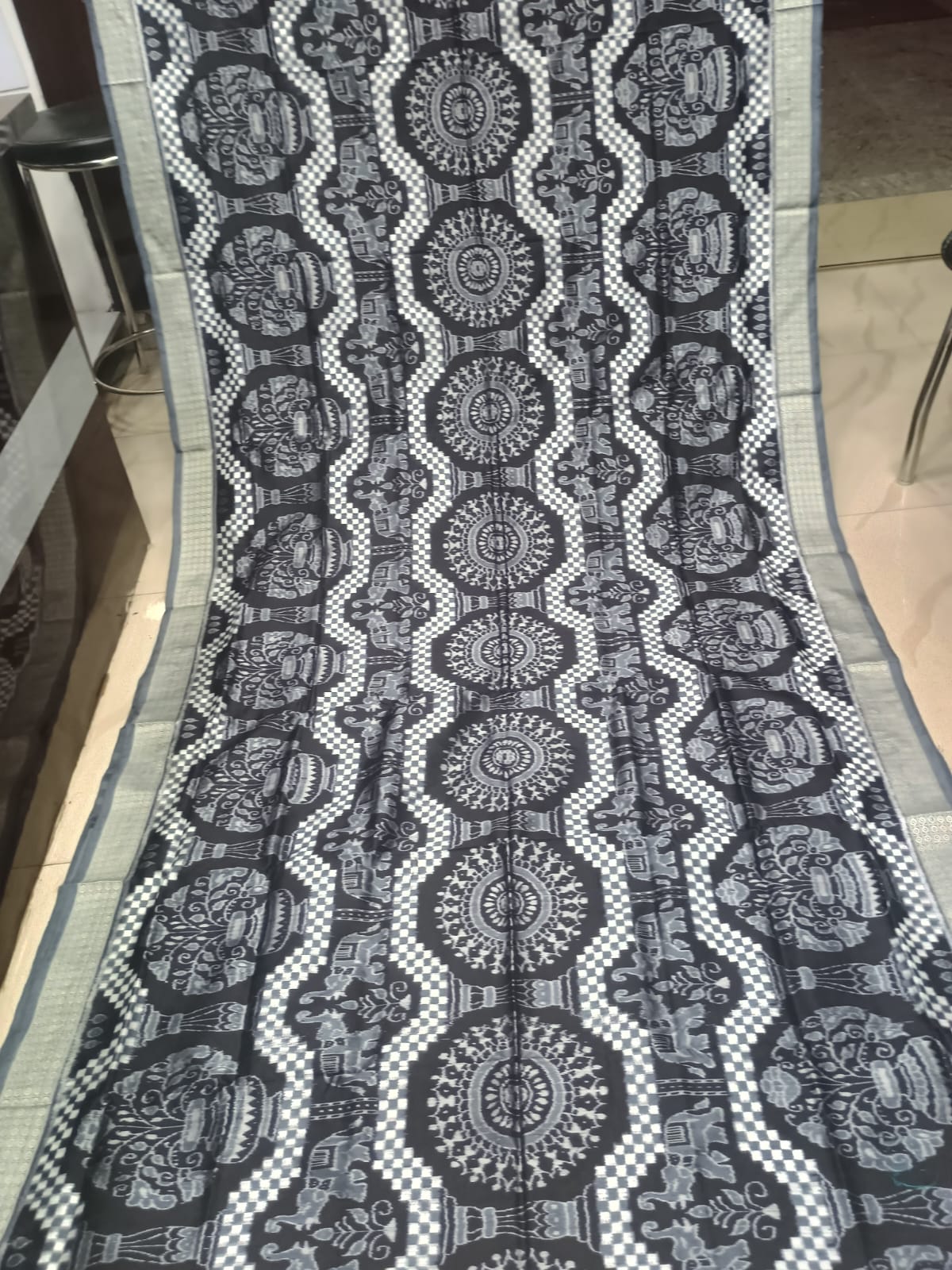 Charcoal Black & Slate Grey Handwoven Sambalpuri Silk Saree with Elephant and Tree of Life Motifs