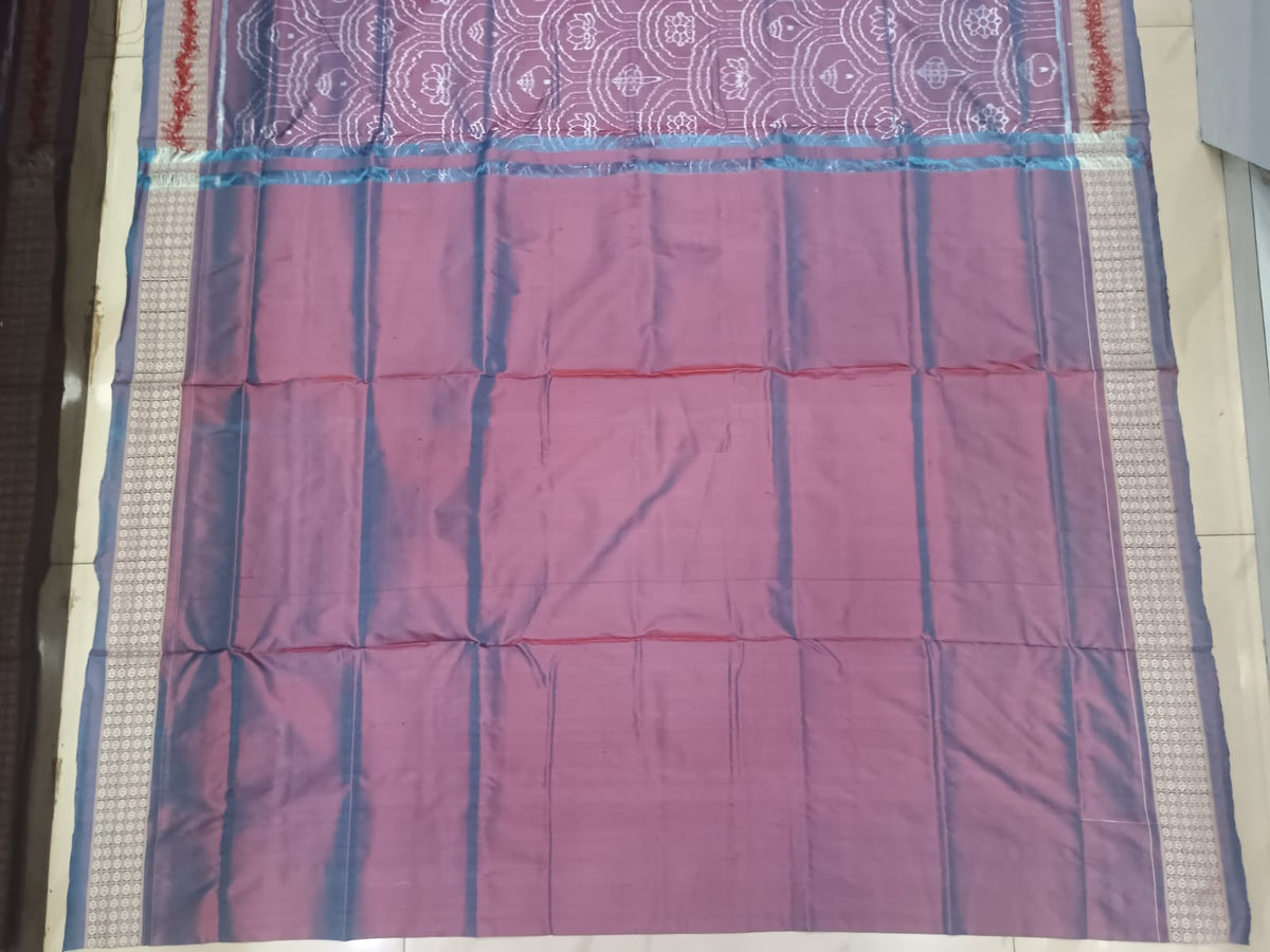 Onionskin Mauve & Steel Blue Handwoven Sambalpuri Silk Saree with All-Over Scalloped Waves