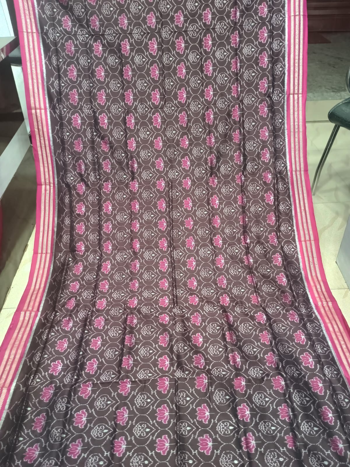 Coffee Brown & Magenta Pink Handwoven Sambalpuri Silk Saree with All-Over Lotus Motifs