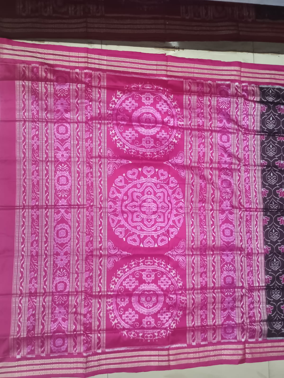 Coffee Brown & Magenta Pink Handwoven Sambalpuri Silk Saree with All-Over Lotus Motifs