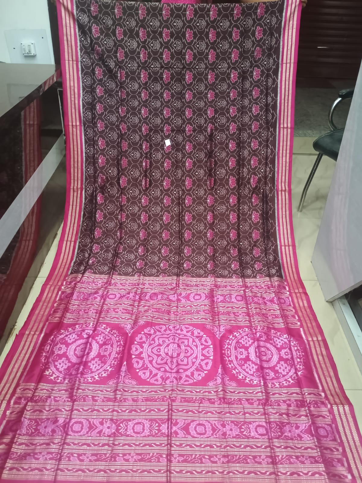 Coffee Brown & Magenta Pink Handwoven Sambalpuri Silk Saree with All-Over Lotus Motifs