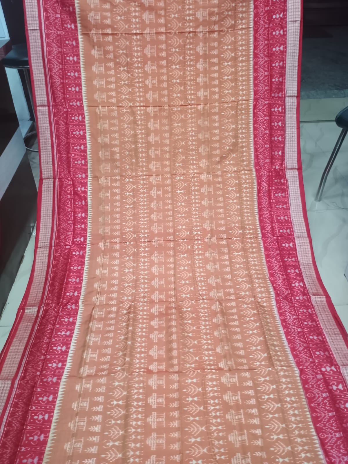 Peach & Crimson Red Handwoven Sambalpuri Silk Saree with Temple Borders and Jhoti Pallu