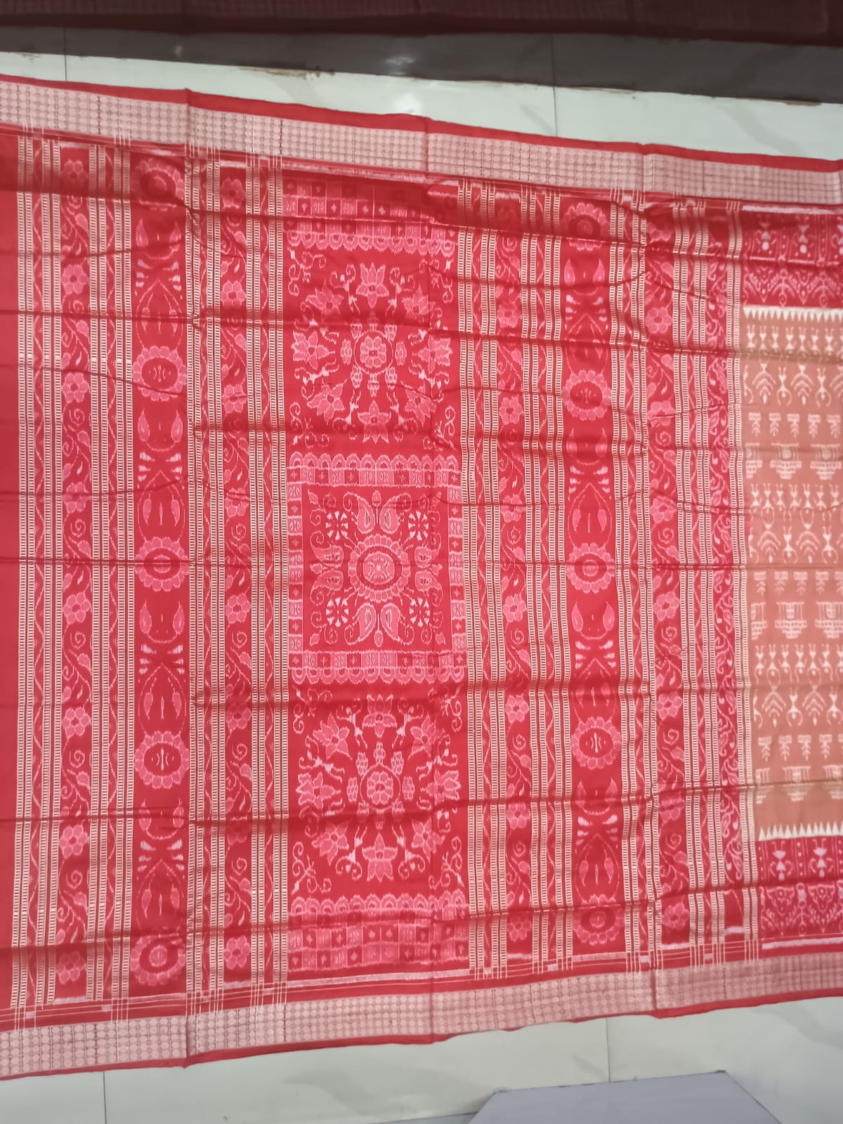 Peach & Crimson Red Handwoven Sambalpuri Silk Saree with Temple Borders and Jhoti Pallu