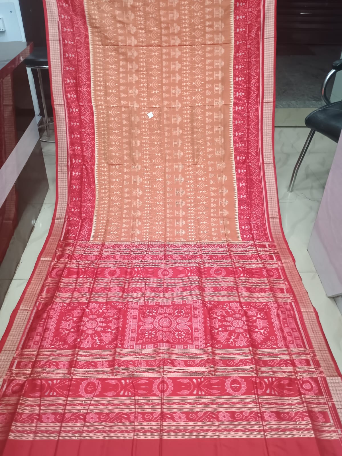 Peach & Crimson Red Handwoven Sambalpuri Silk Saree with Temple Borders and Jhoti Pallu