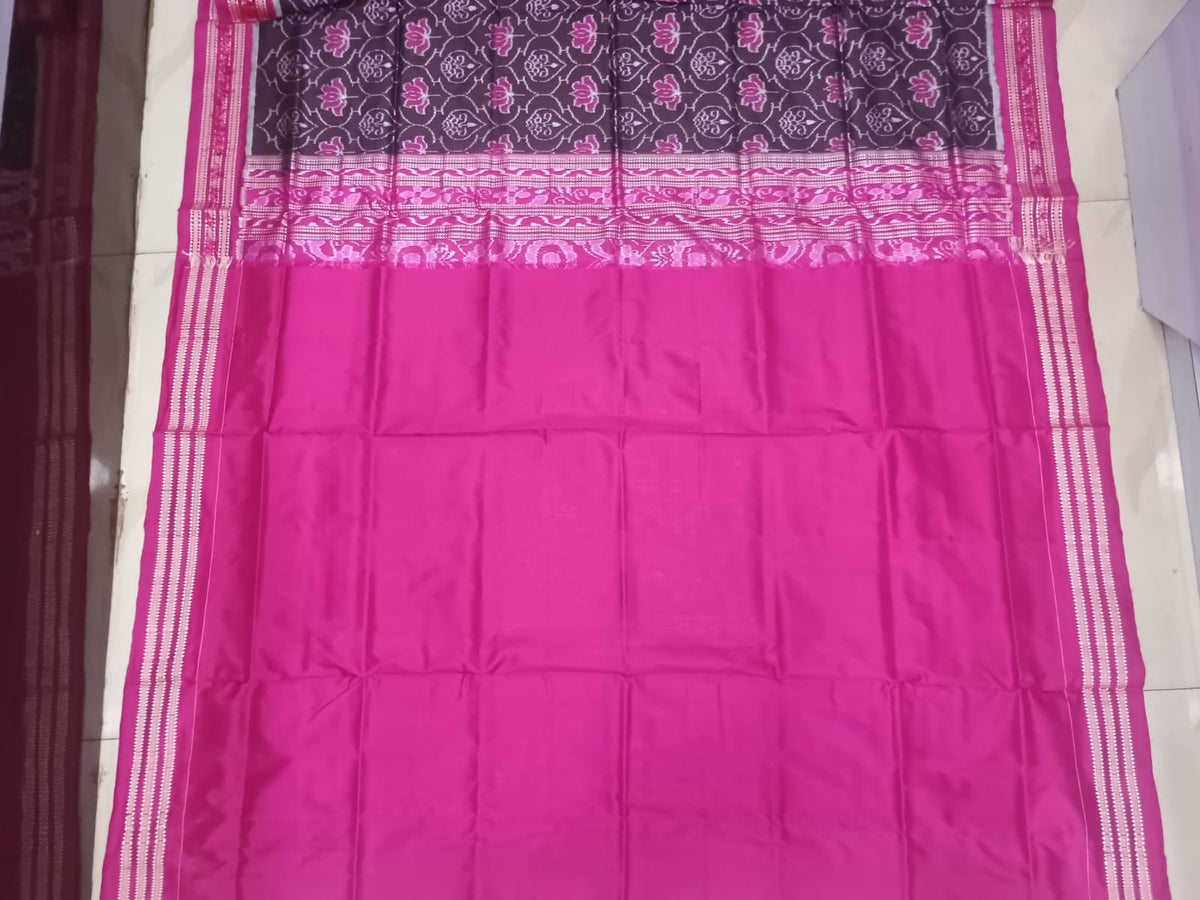 Coffee Brown & Magenta Pink Handwoven Sambalpuri Silk Saree with All-Over Lotus Motifs