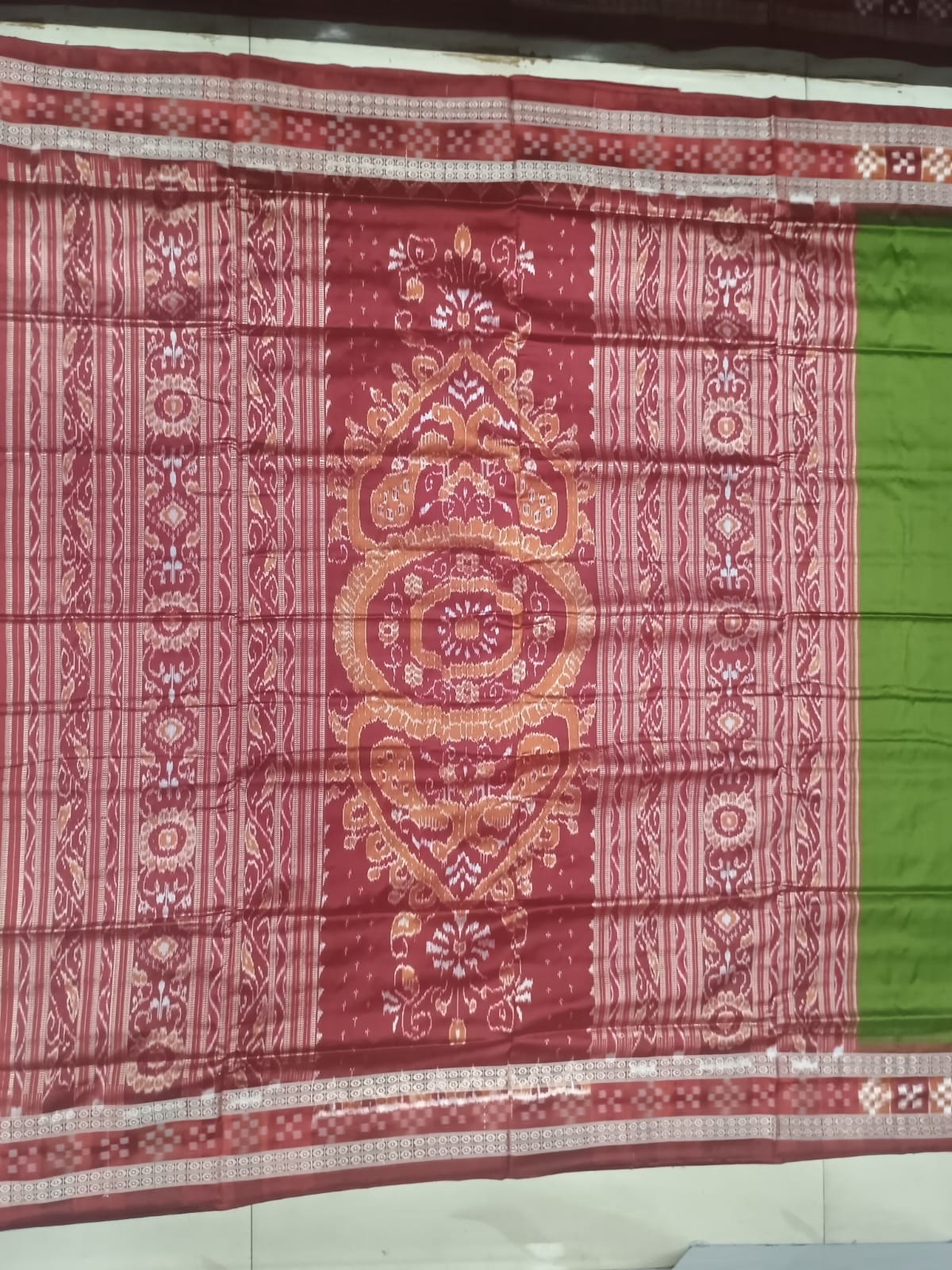 Olive Green & Maroon Handwoven Bomkai Silk Saree with Traditional Laxmi Pada & Mandala Pallu