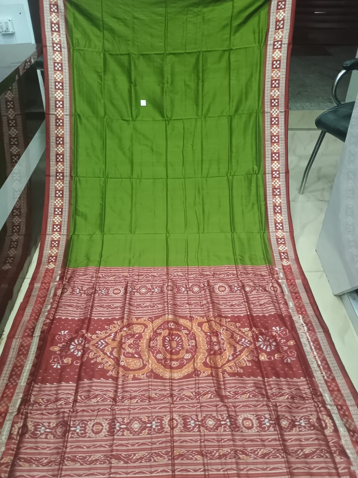 Olive Green & Maroon Handwoven Bomkai Silk Saree with Traditional Laxmi Pada & Mandala Pallu