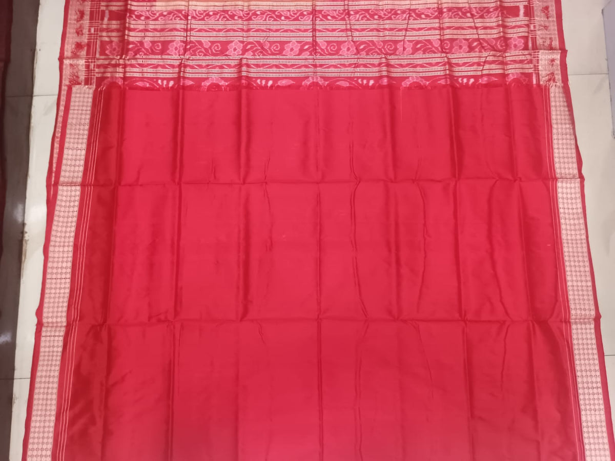 Peach & Crimson Red Handwoven Sambalpuri Silk Saree with Temple Borders and Jhoti Pallu