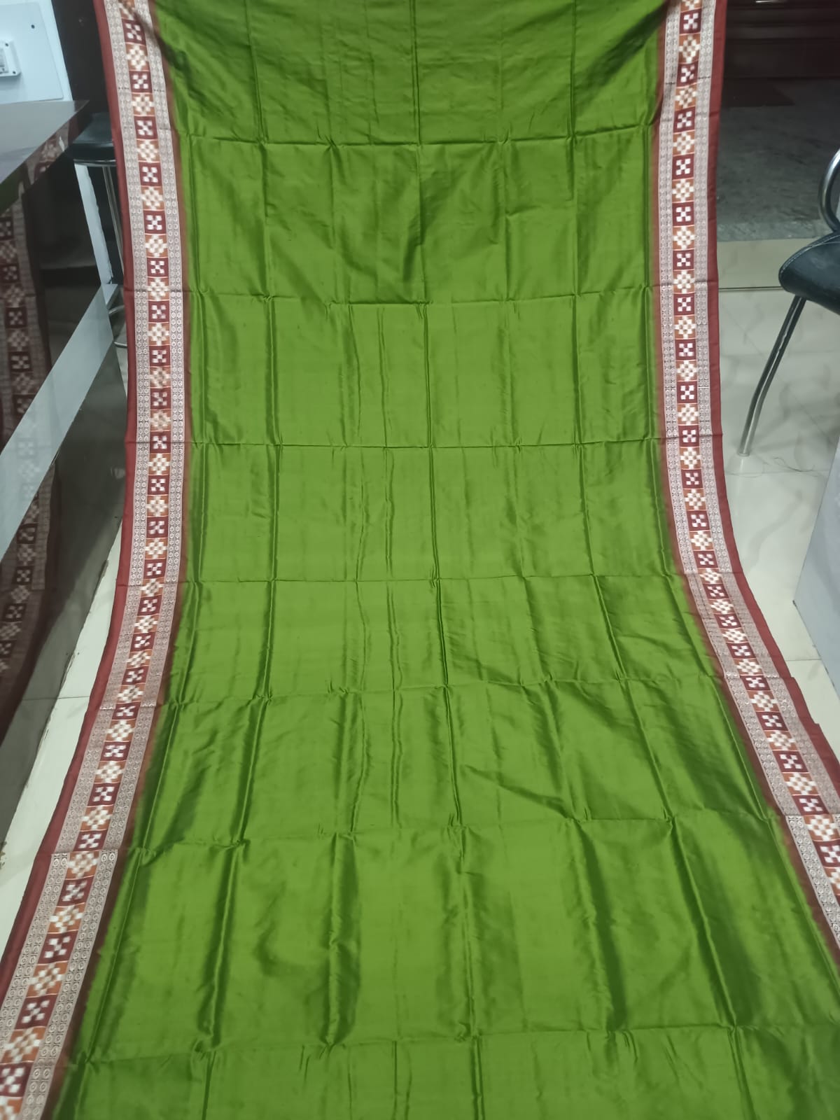 Olive Green & Maroon Handwoven Bomkai Silk Saree with Traditional Laxmi Pada & Mandala Pallu