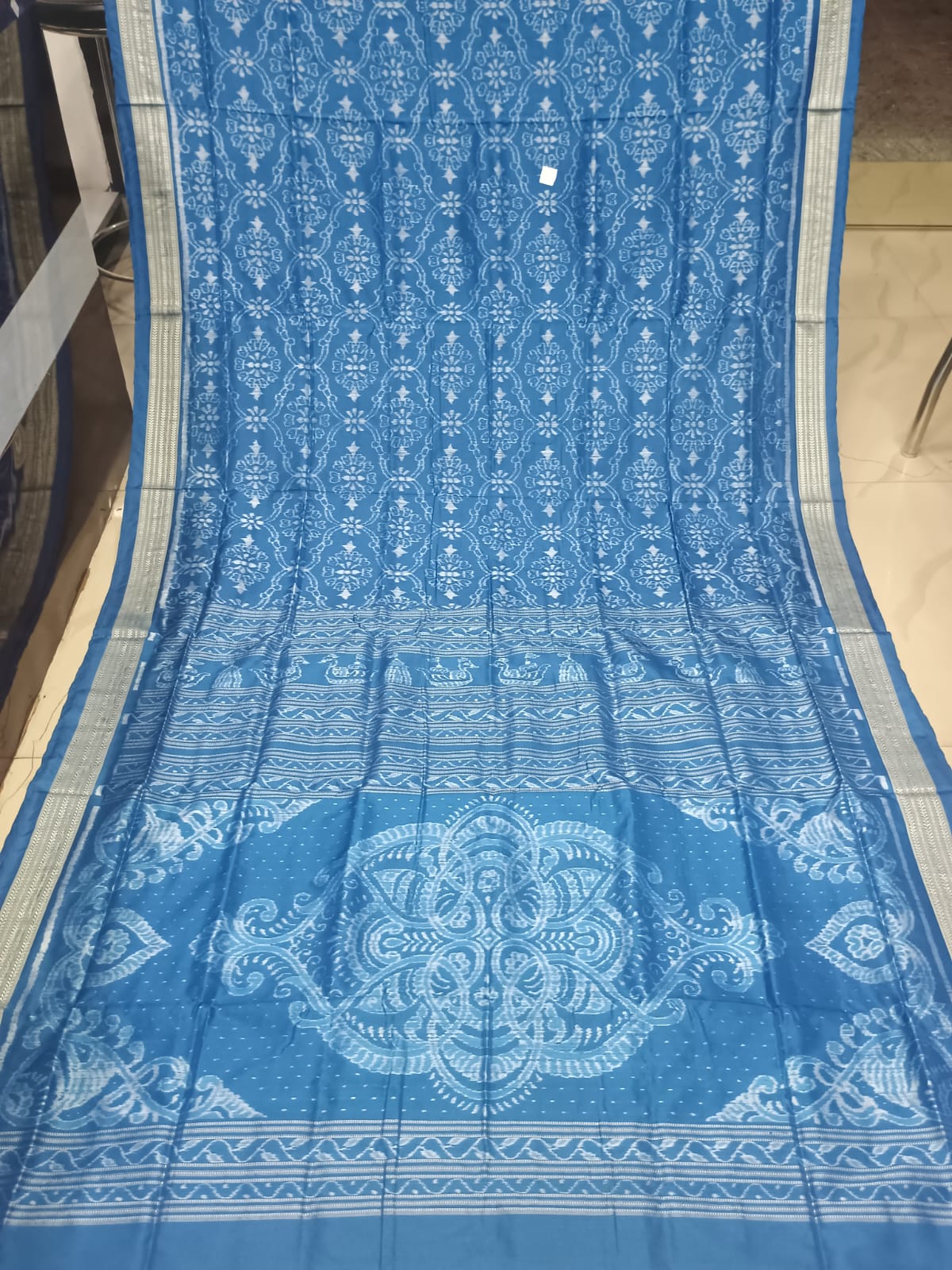 Blue Handwoven Sambalpuri Silk Saree with Traditional Jhoti & Laxmi Pada Motifstell