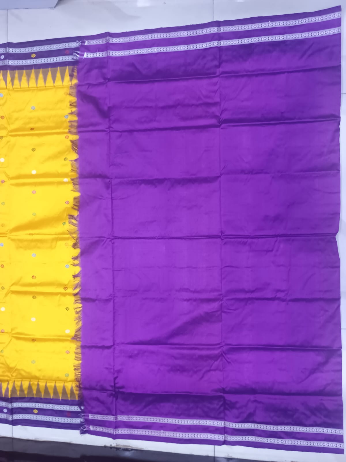 Mustard Yellow & Purple Handwoven Sambalpuri Silk Saree with Traditional Hut and Bird Motifs