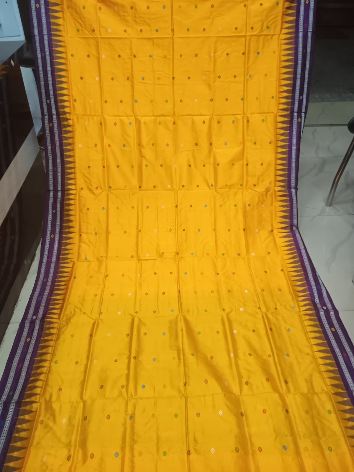 Mustard Yellow & Purple Handwoven Sambalpuri Silk Saree with Traditional Hut and Bird Motifs