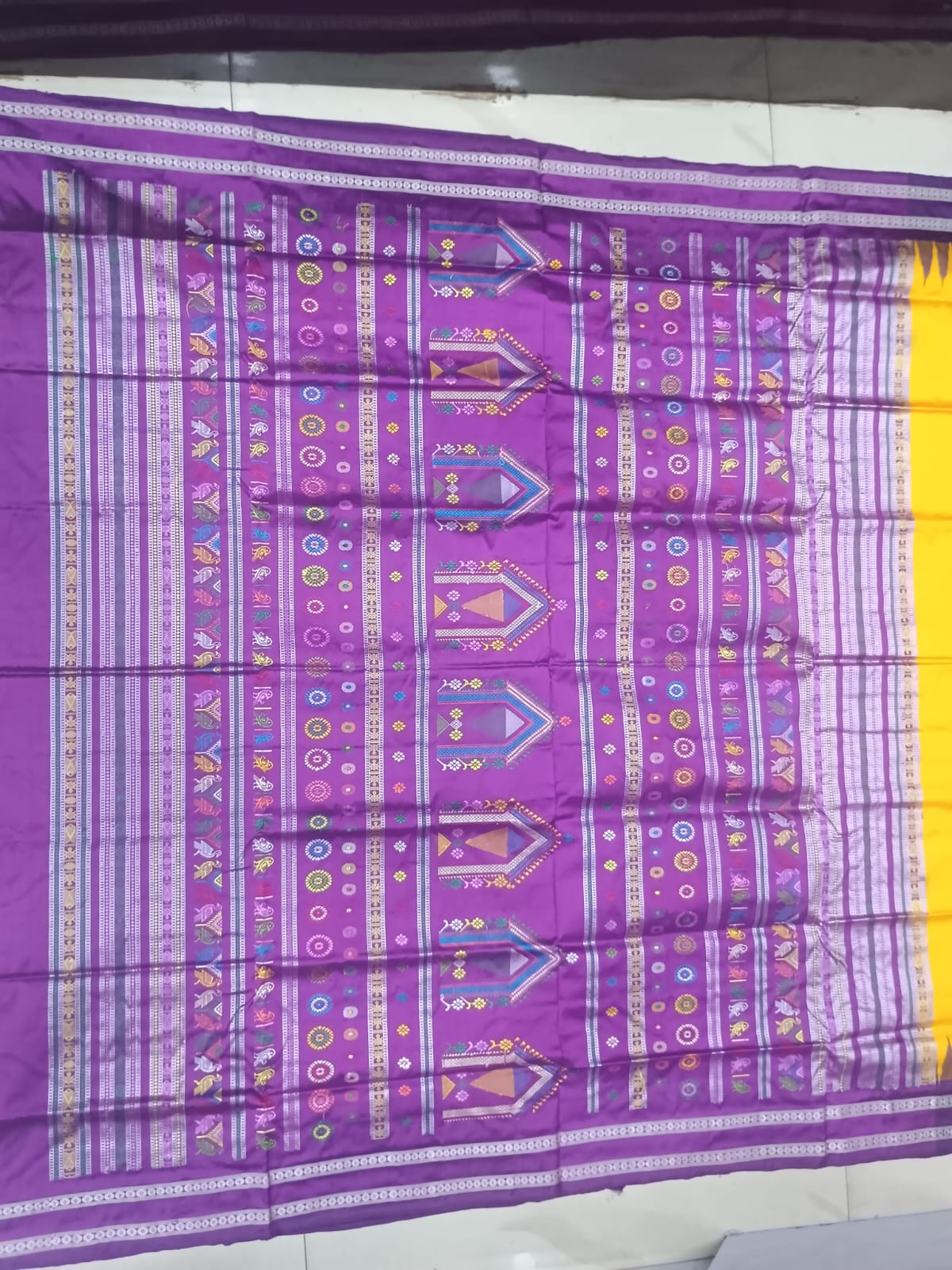 Mustard Yellow & Purple Handwoven Sambalpuri Silk Saree with Traditional Hut and Bird Motifs