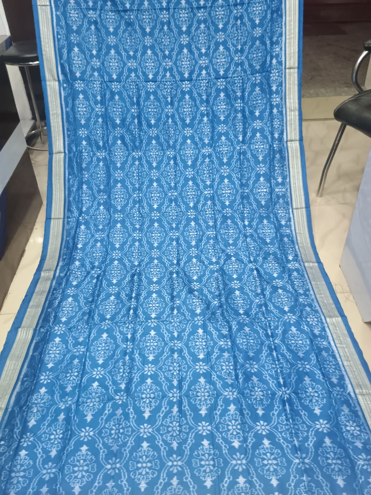 Blue Handwoven Sambalpuri Silk Saree with Traditional Jhoti & Laxmi Pada Motifstell