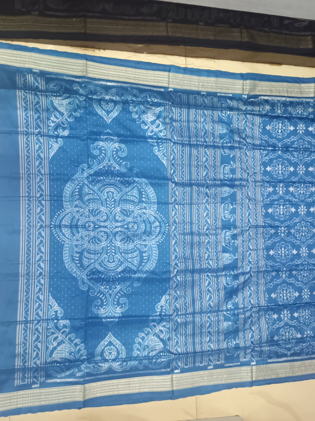 Blue Handwoven Sambalpuri Silk Saree with Traditional Jhoti & Laxmi Pada Motifstell