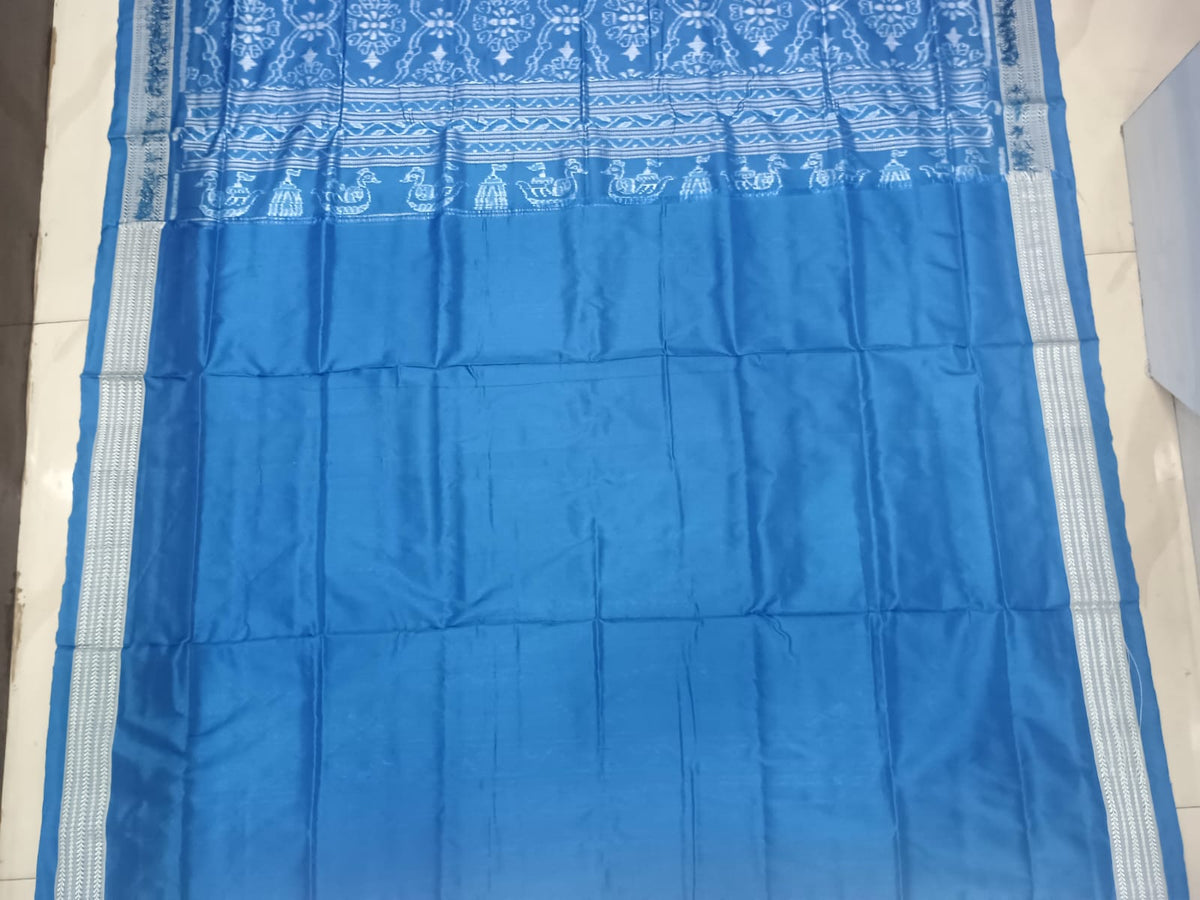 Blue Handwoven Sambalpuri Silk Saree with Traditional Jhoti & Laxmi Pada Motifstell