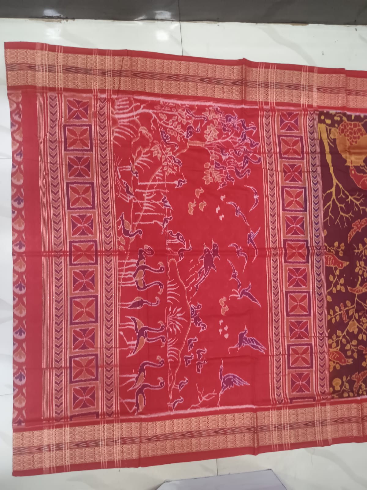 Maroon Sambalpuri Cotton Saree with Bird and Floral Motifs