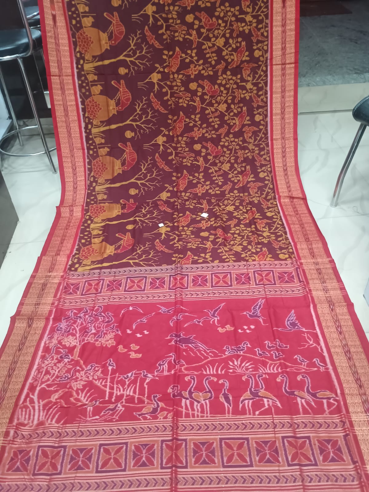 Maroon Sambalpuri Cotton Saree with Bird and Floral Motifs