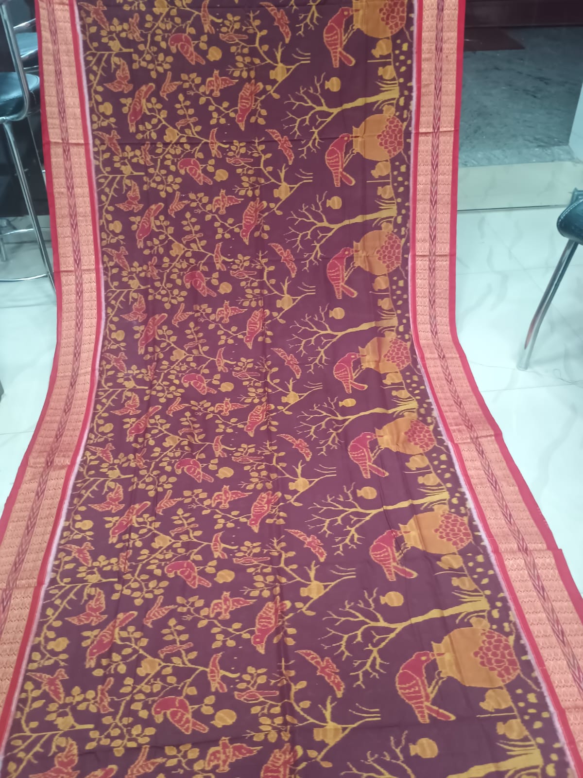 Maroon Sambalpuri Cotton Saree with Bird and Floral Motifs