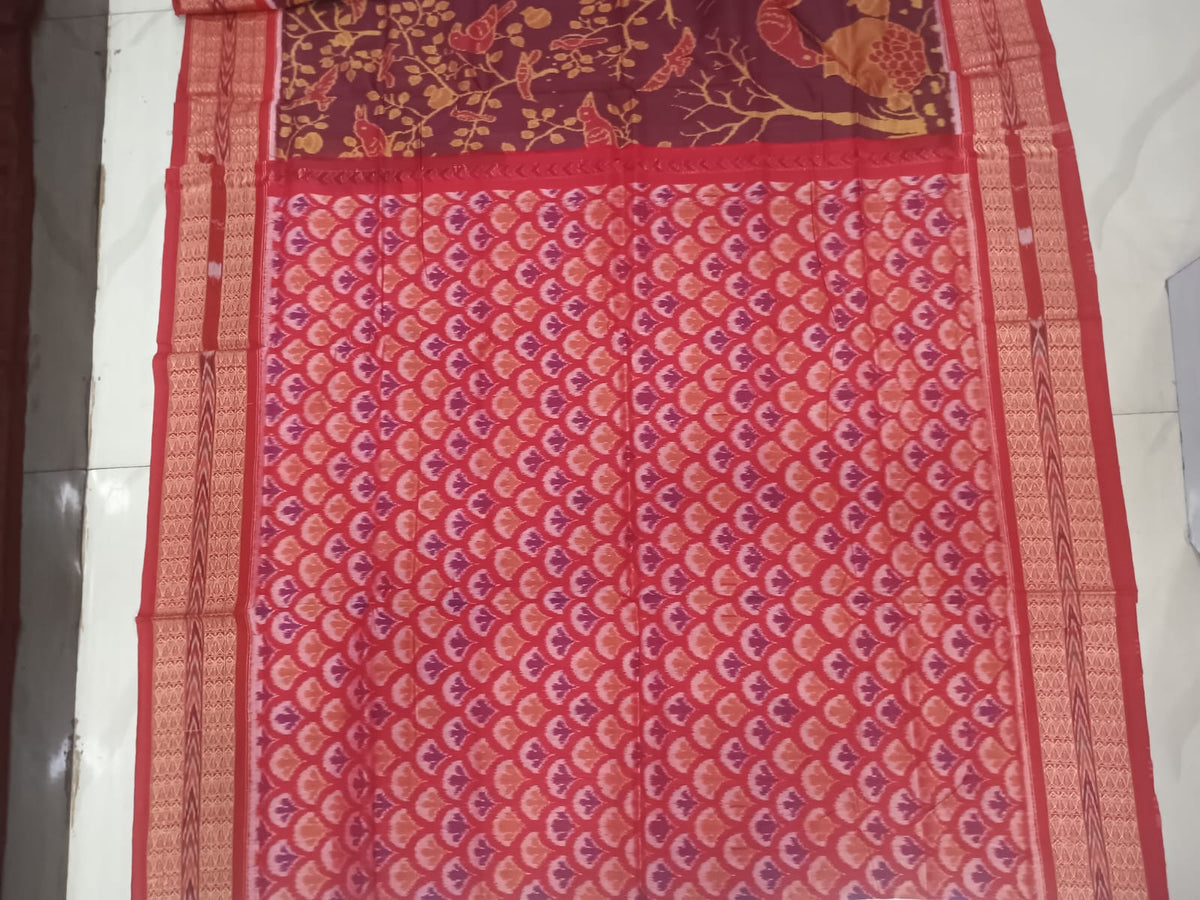 Maroon Sambalpuri Cotton Saree with Bird and Floral Motifs