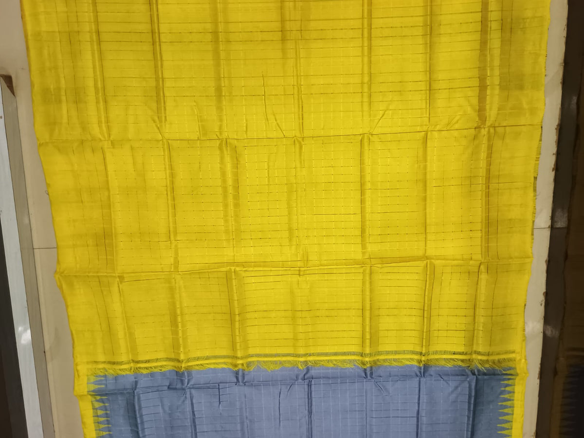 Steel Gray and Canary Yellow Sambalpuri Handloom Saree with Ikat Pallu