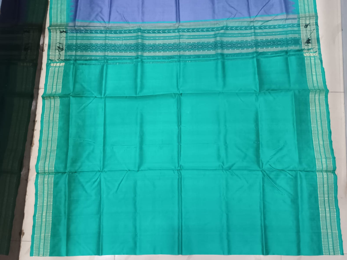 Lavender Gray and Emerald Green Sambalpuri Handloom Saree with Ikat Pallu