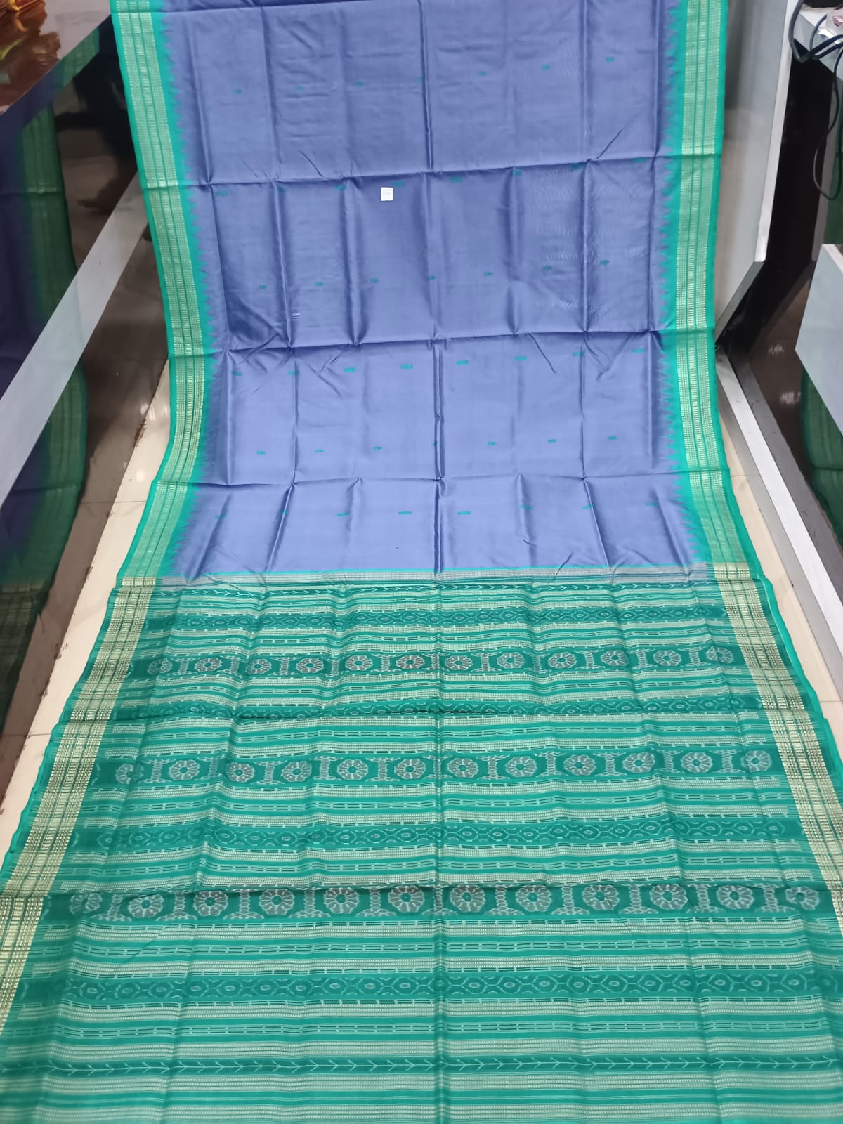 Lavender Gray and Emerald Green Sambalpuri Handloom Saree with Ikat Pallu