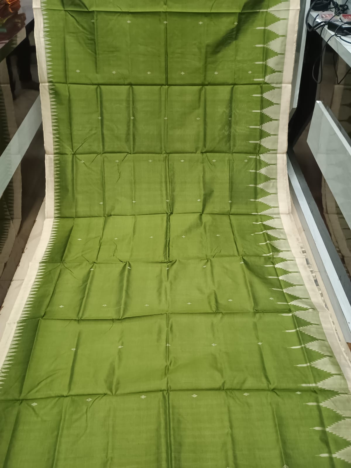 Moss Green and Off-White Sambalpuri Handloom Saree with Ikat Pallu