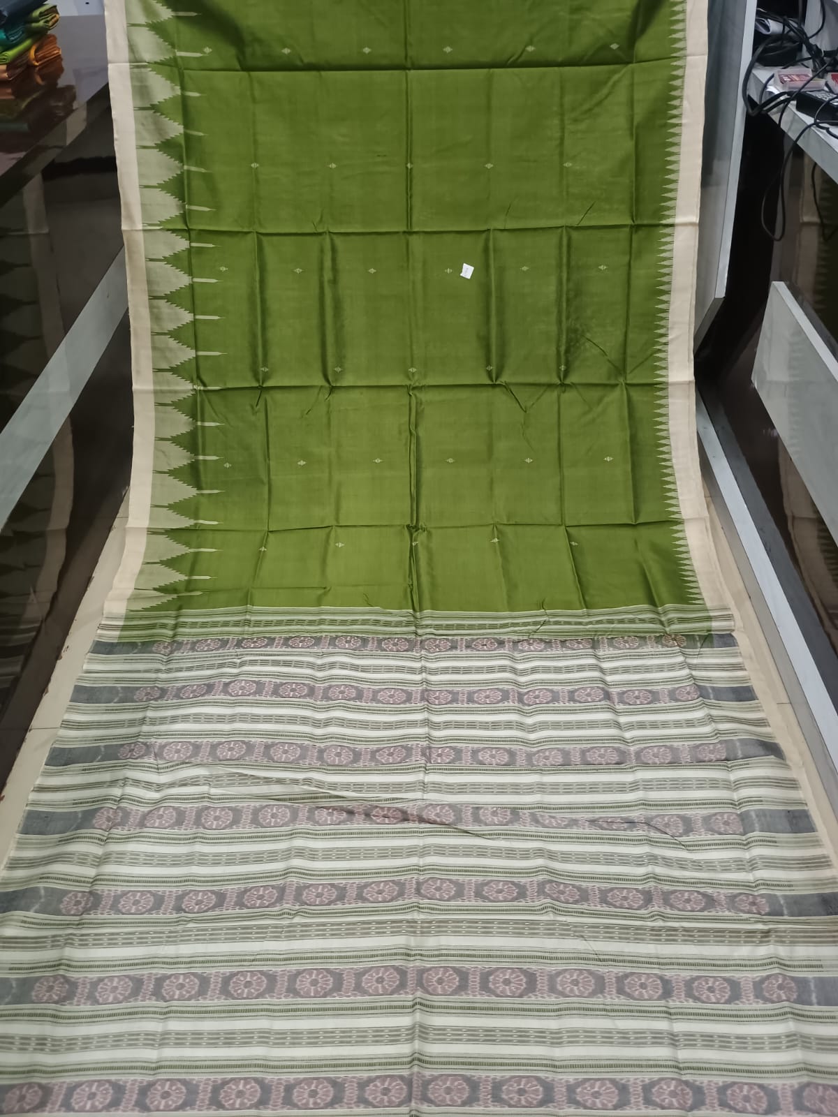 Moss Green and Off-White Sambalpuri Handloom Saree with Ikat Pallu
