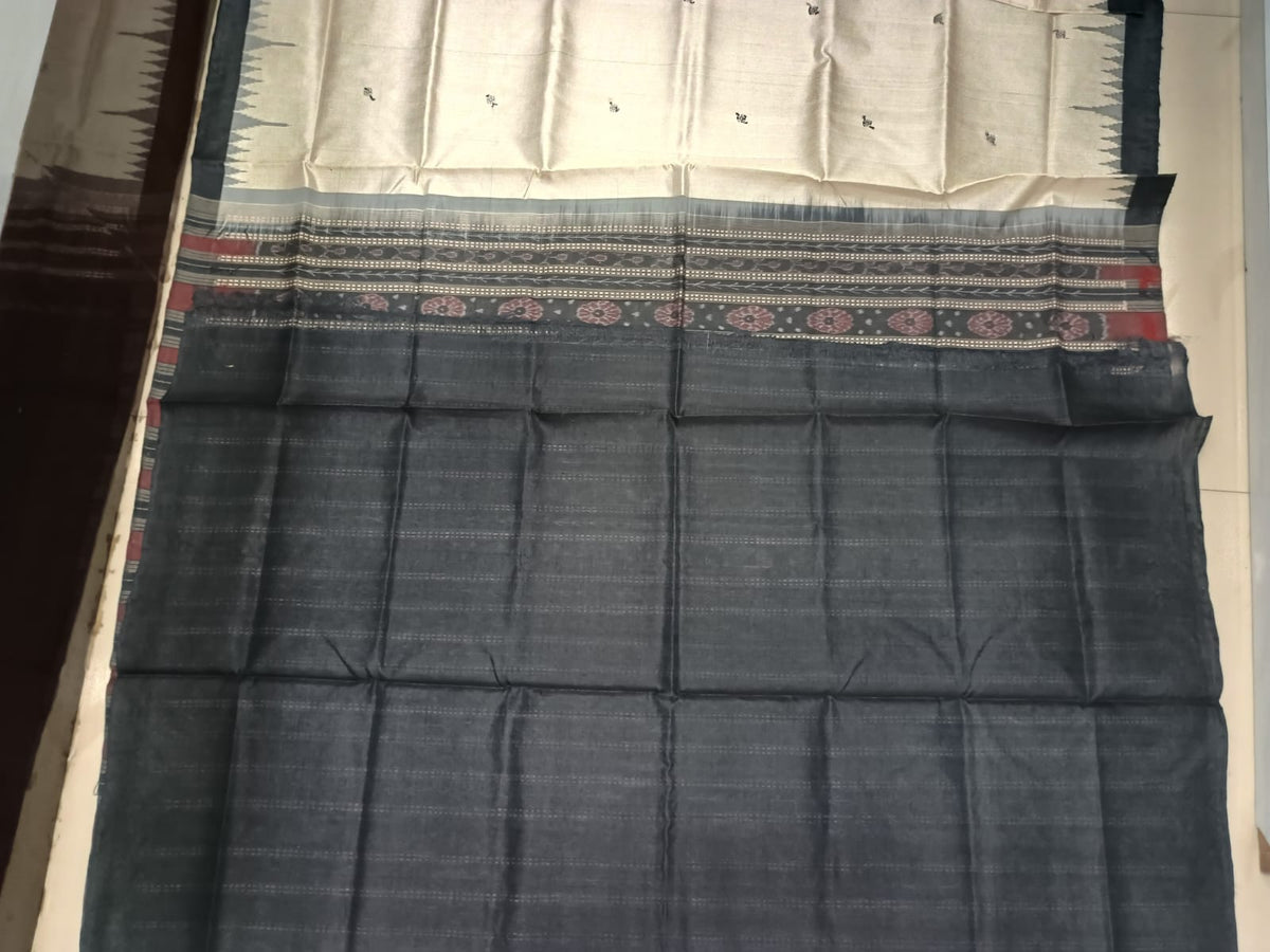 Off-White and Jet Black Sambalpuri Handloom Saree with Ikat Pallu