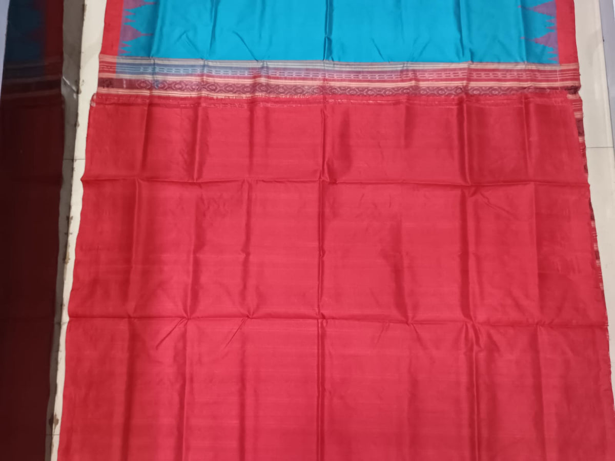 Turquoise Blue and Brick Red Sambalpuri Handloom Saree with Ikat Pallu