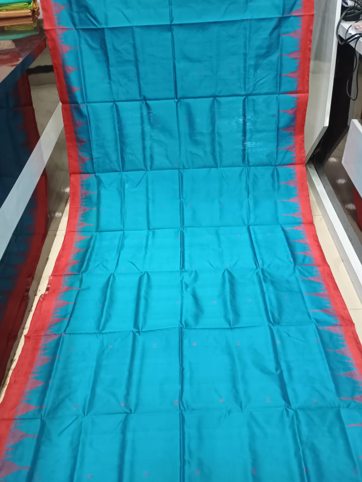 Turquoise Blue and Brick Red Sambalpuri Handloom Saree with Ikat Pallu