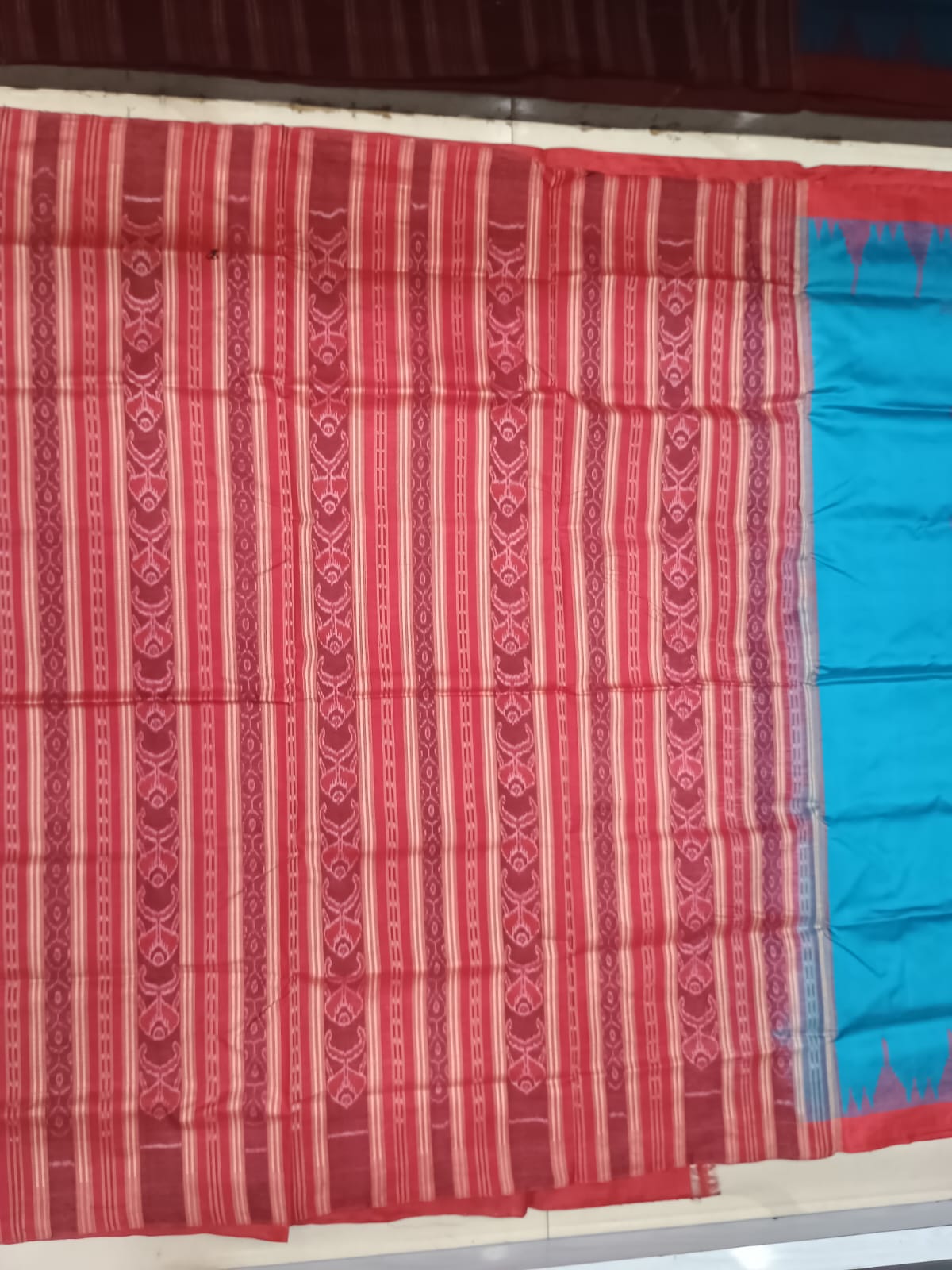 Turquoise Blue and Brick Red Sambalpuri Handloom Saree with Ikat Pallu