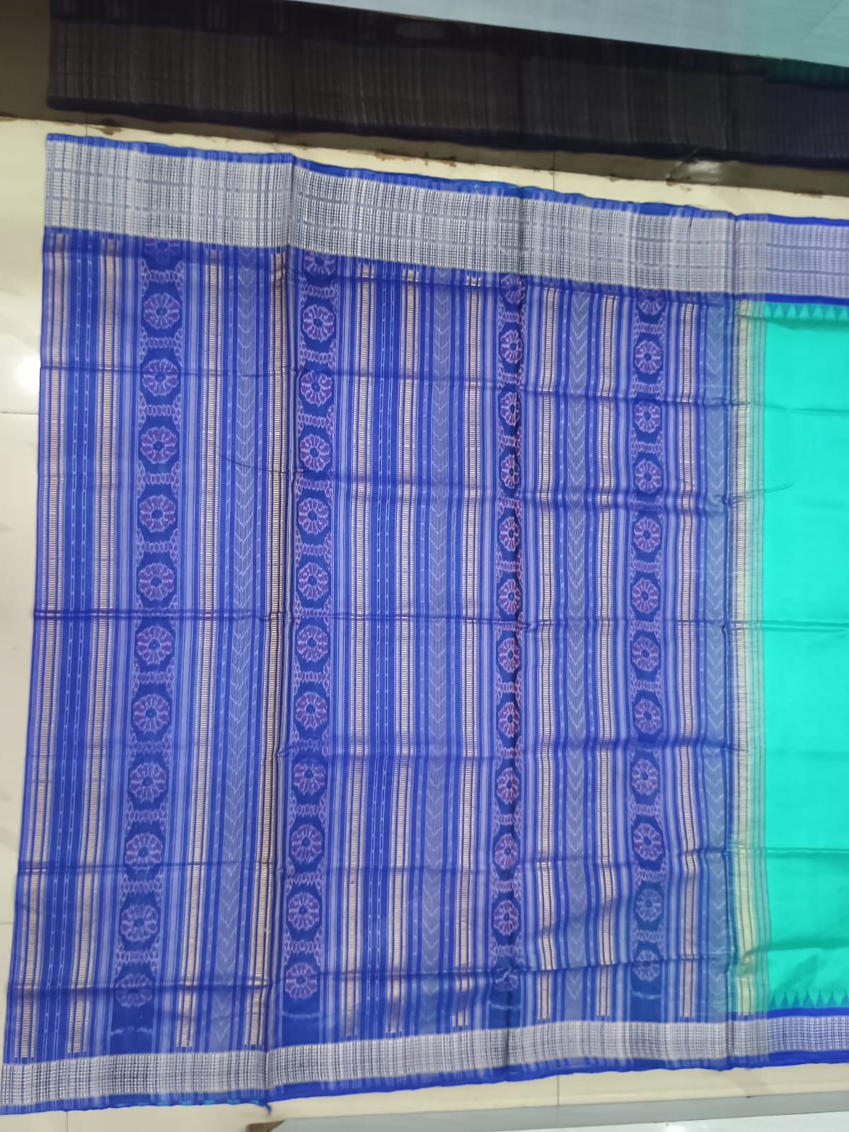 Sea Green and Royal Blue Sambalpuri Handloom Saree with Ikat Pallu