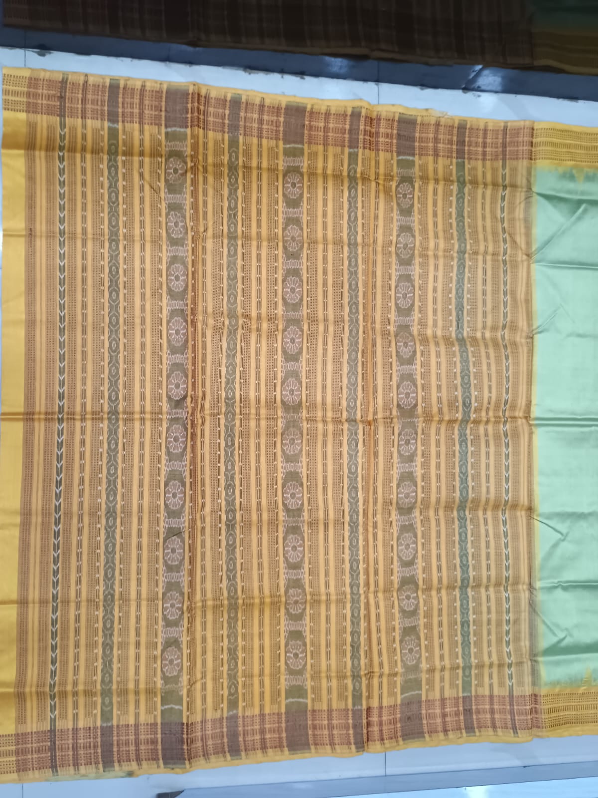 Olive Green and Mustard Yellow Sambalpuri Handloom Saree with Ikat Pallu
