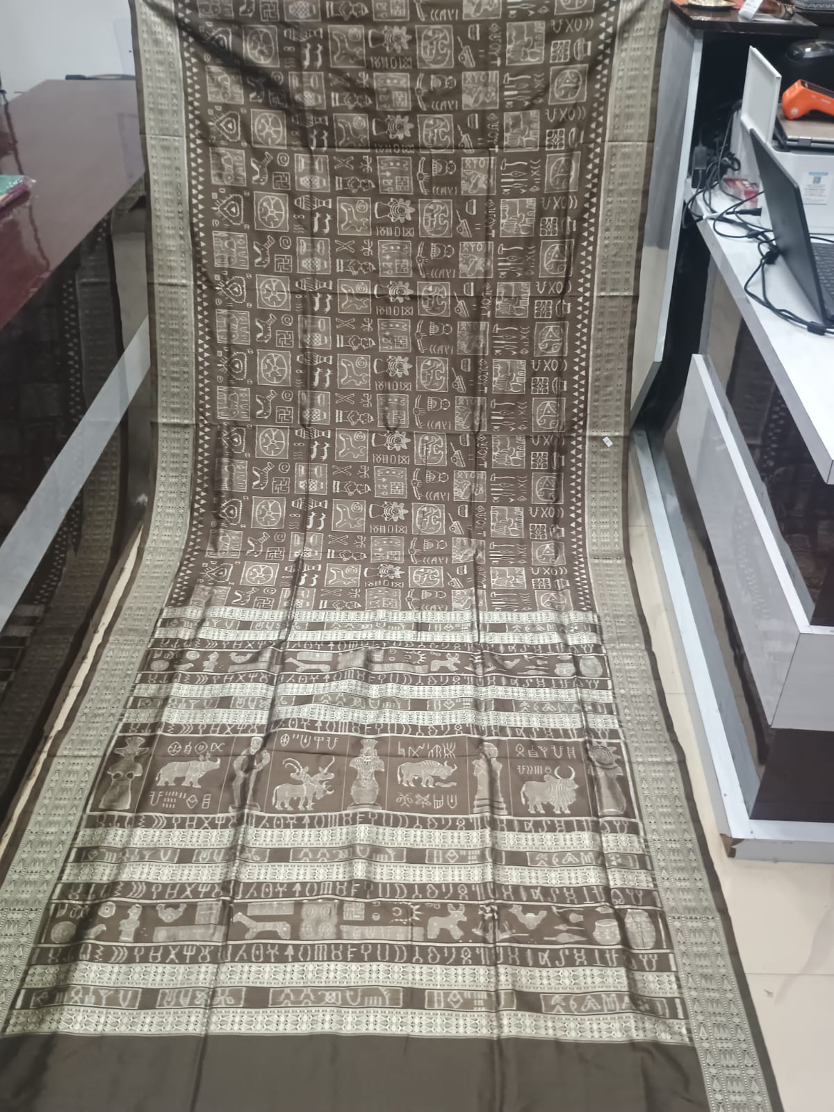 Tussar Brown and Cream Handwoven Harappan Script Sambalpuri Pure Silk Saree