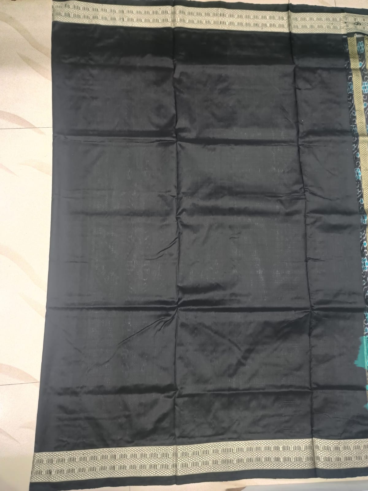 Peacock Green and Jet Black Handwoven Sambalpuri Bomkai Silk Saree