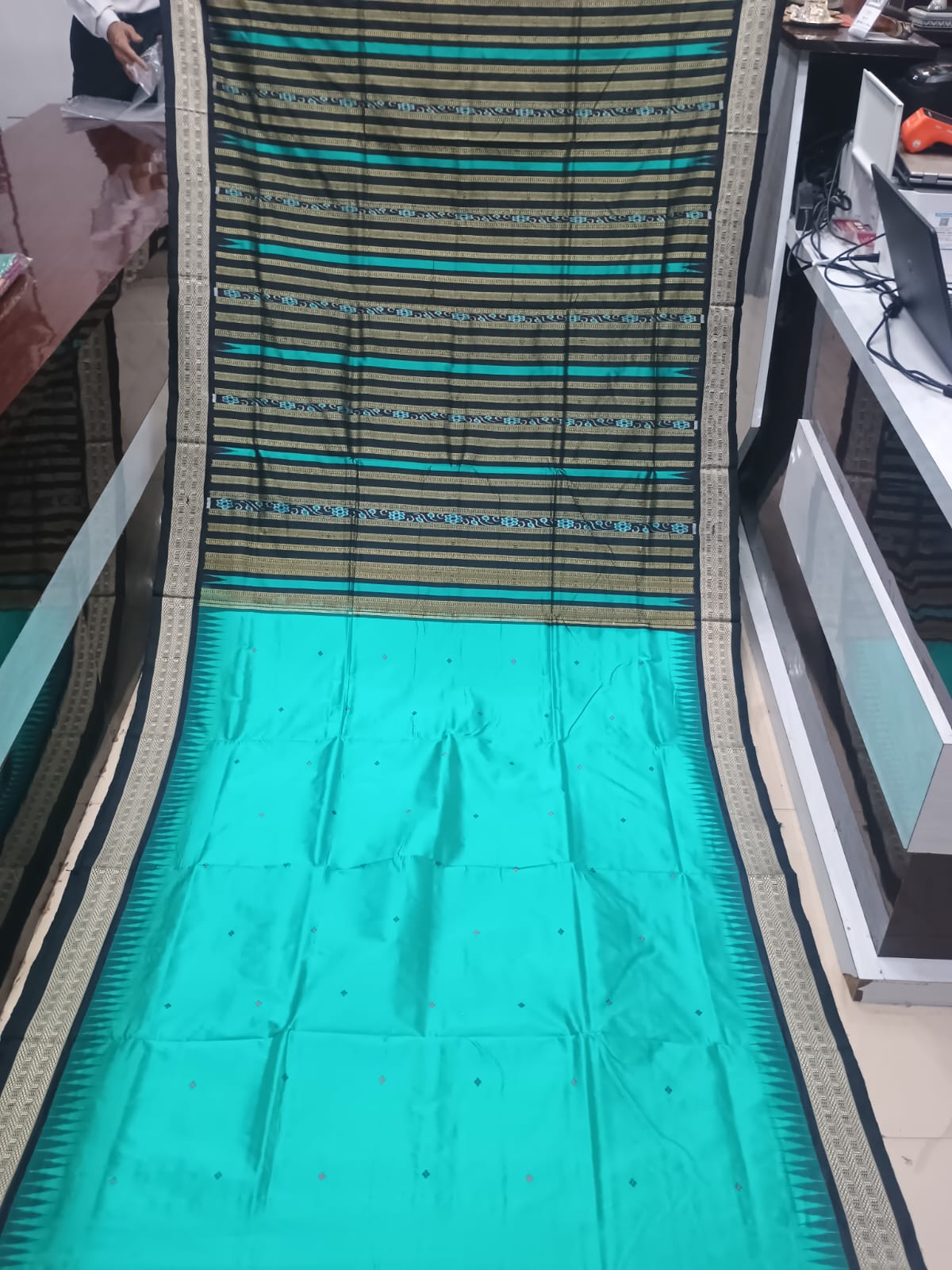 Peacock Green and Jet Black Handwoven Sambalpuri Bomkai Silk Saree