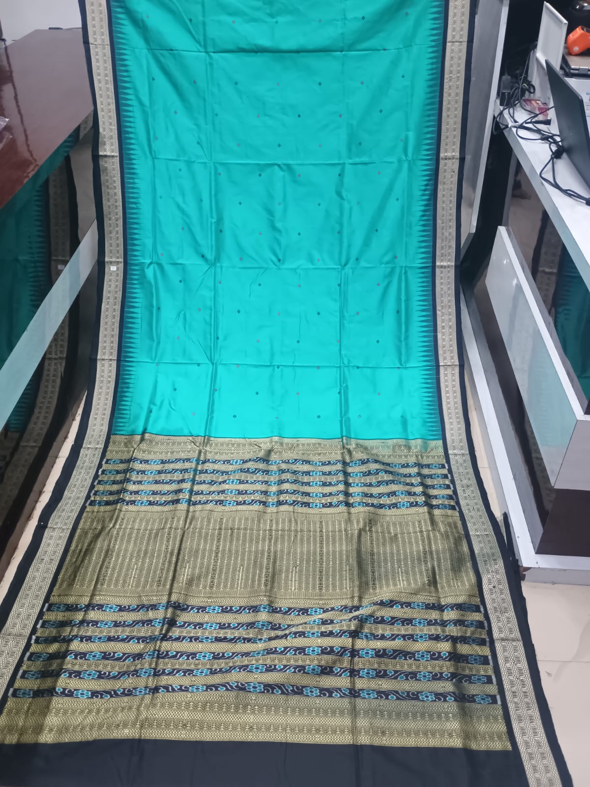 Peacock Green and Jet Black Handwoven Sambalpuri Bomkai Silk Saree