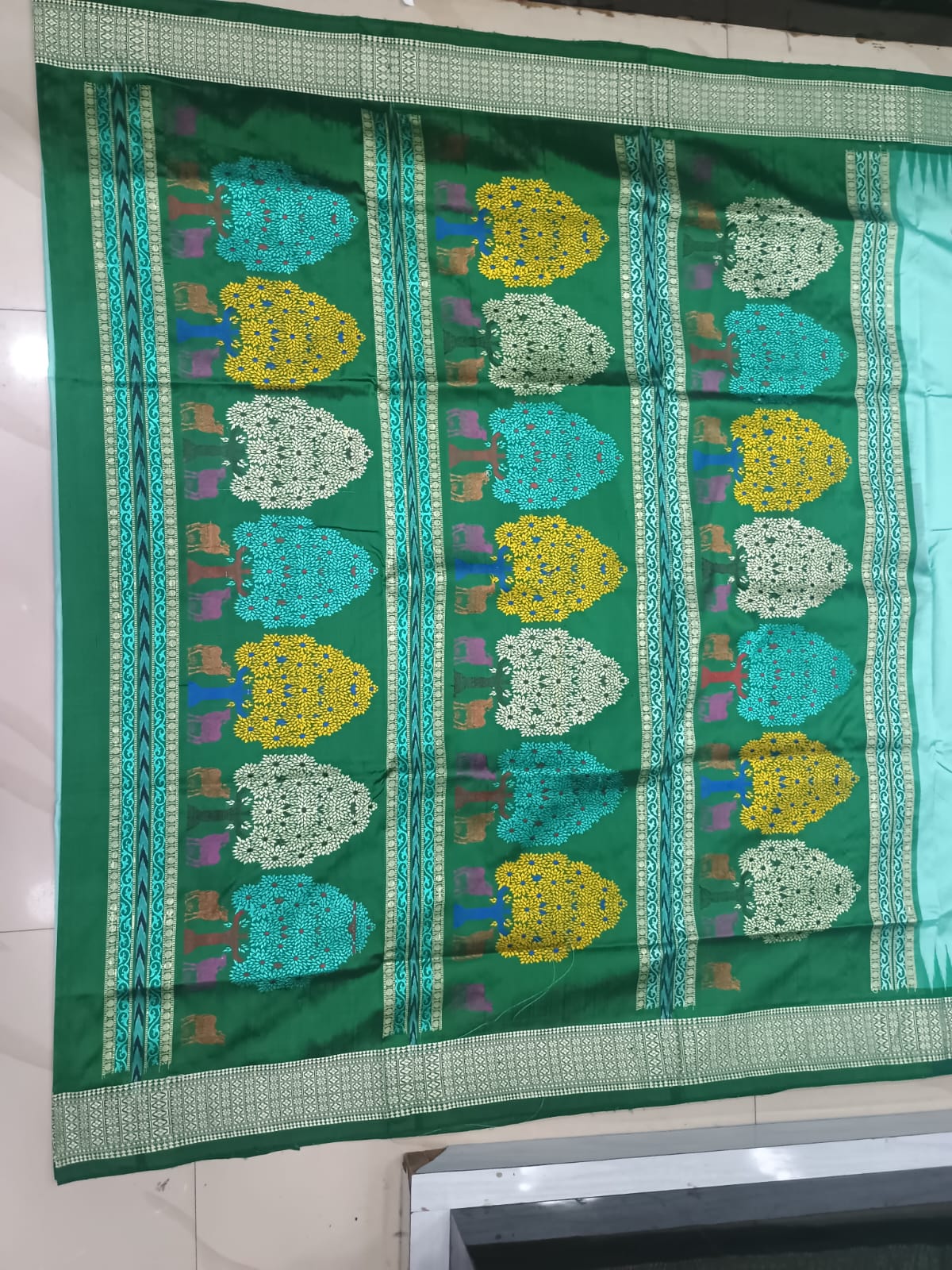 Mint Green and Deep Forest Green Handwoven Sambalpuri Bomkai Silk Saree
