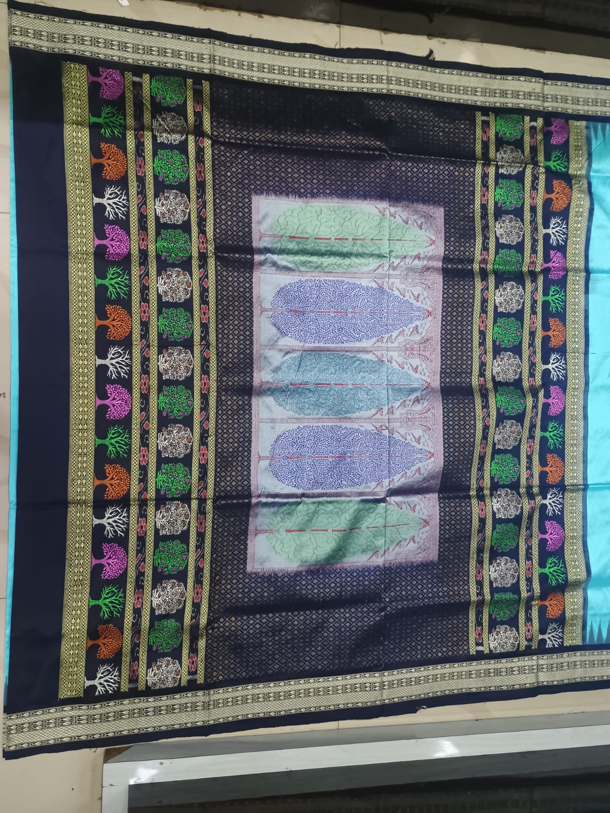 Turquoise Blue and Navy Blue Handwoven Bomkai Silk Saree with Tree of Life Pallu