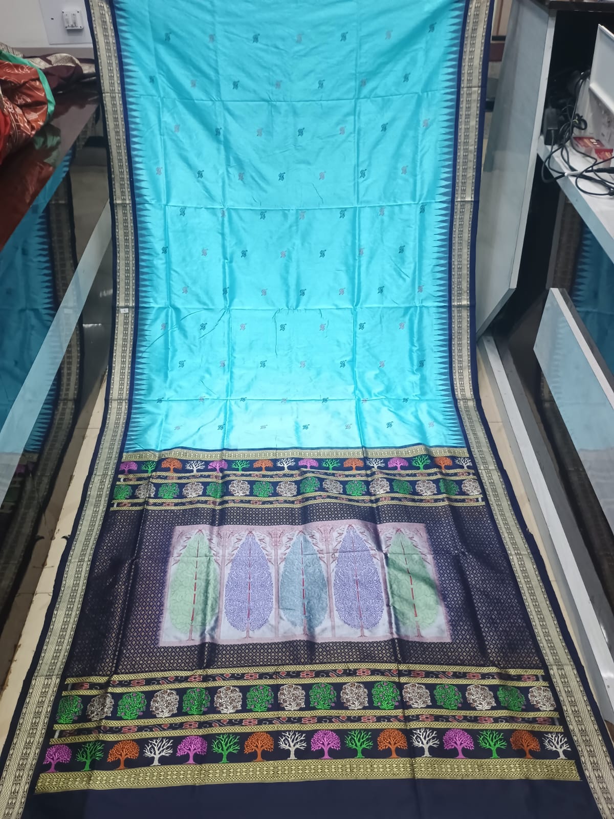 Turquoise Blue and Navy Blue Handwoven Bomkai Silk Saree with Tree of Life Pallu